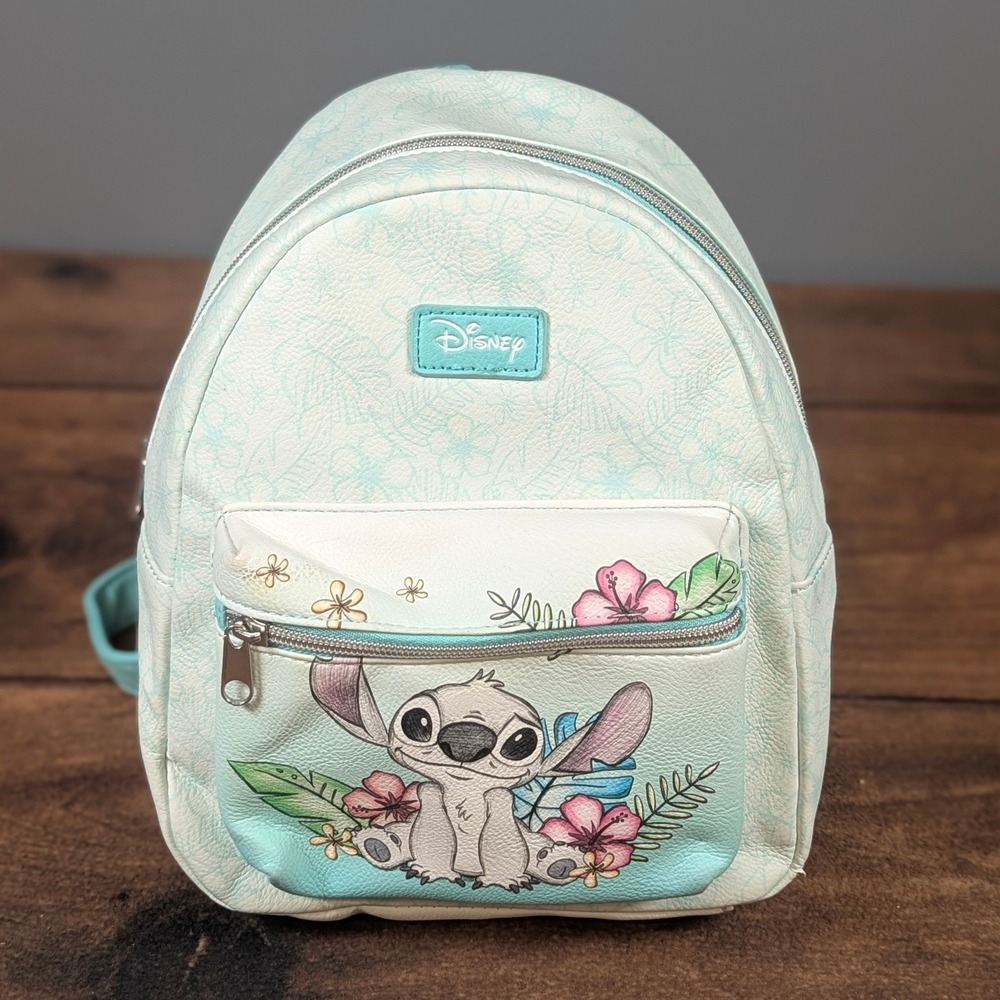 Disney Lounge fly Stitch Mini Backpack Floral‎ Print Faux Leather Cute Small Bag